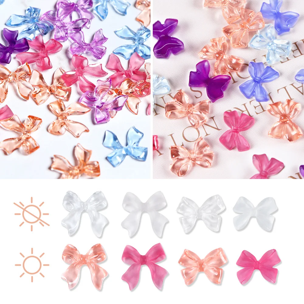 40pcs Light-sensitive Bowknot Nail Art Rhinestone Gems Color-change Resin Butterfly Bow Crystal 3D Ice Nail Ribbon Parts 10*10mm