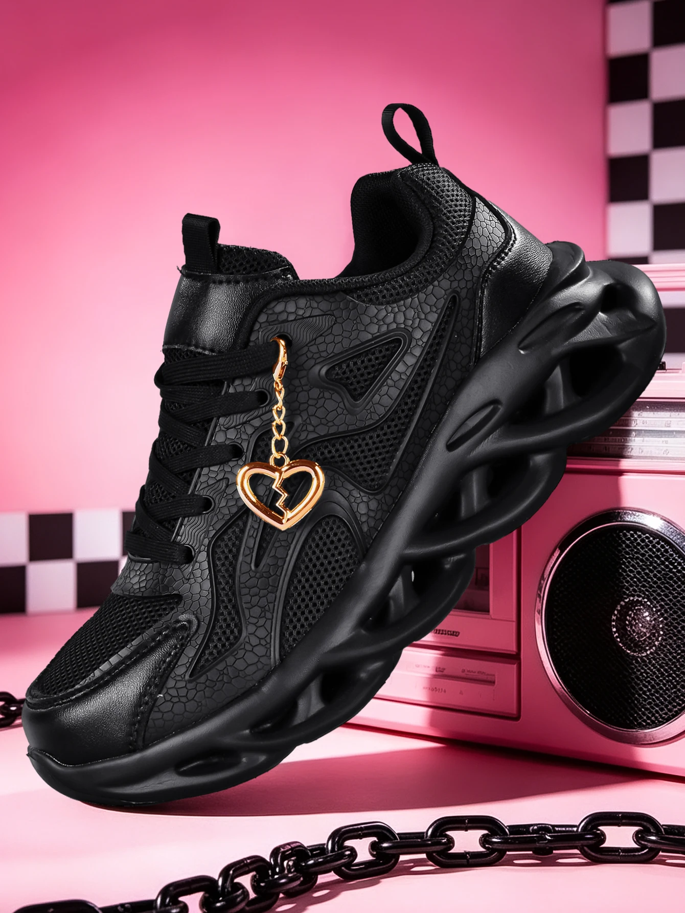 Women's 2026 New Style Dark Sweet-Cool Style Thick-Soled Dad Shoes with 5cm Height Increase, High Street Subculture Trend, Versatile Casual Sneakers, Breathable Mesh Fabric with Cracked Texture Leather Upper, Detachable Gold Heart-Shaped Metal Pendant, Flat Lace-Up Design, Eva Cushioning Hollow Wave Blade Sole, Unisex, Suitable for All Seasons, Student Daily Commute Street Fashion Shoes view 2
