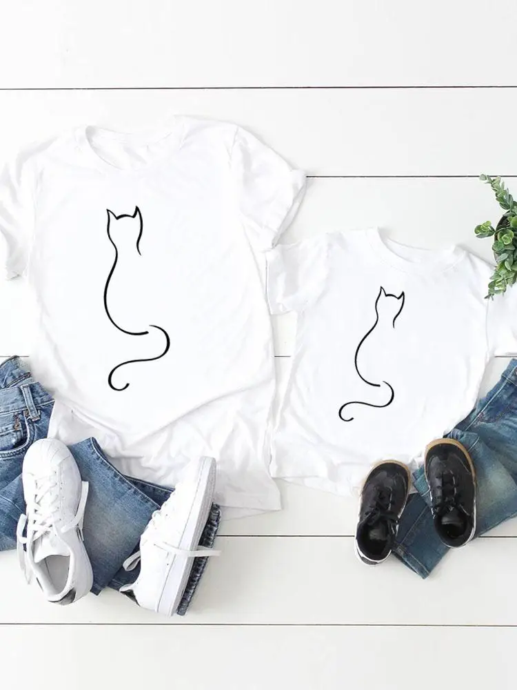 

Graphic T-shirt Tee Cat Animal Sweet Women Child Kid Clothing Boy Girl Summer Mom Mama Clothes Family Matching Outfits
