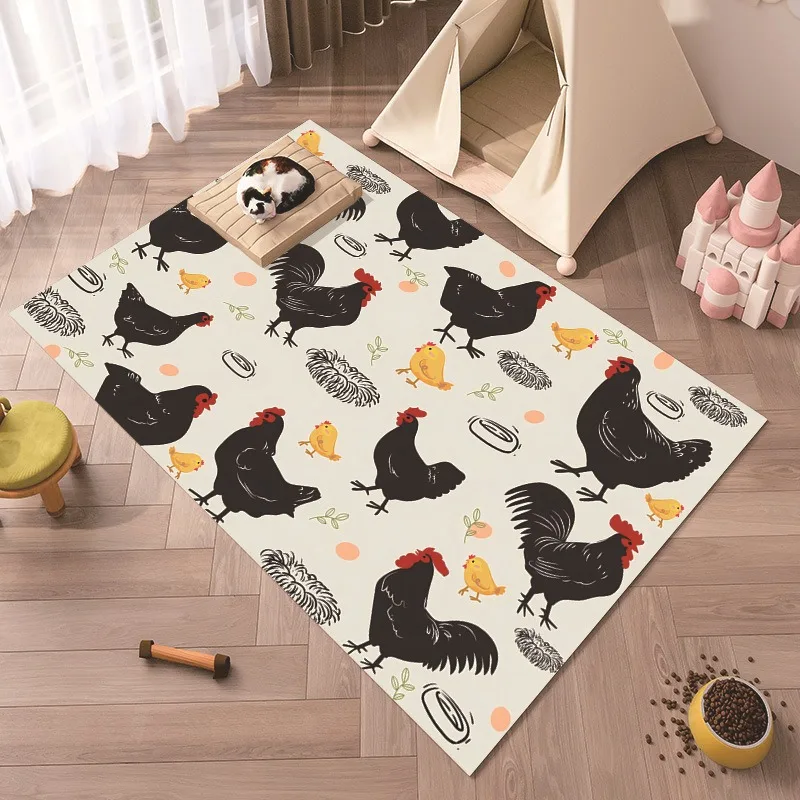 

Black Chicken Print Art Carpet Thickened Dense Living Room Rug for Bedroom Full Coverage Home Decor with Feline Design Beautiful