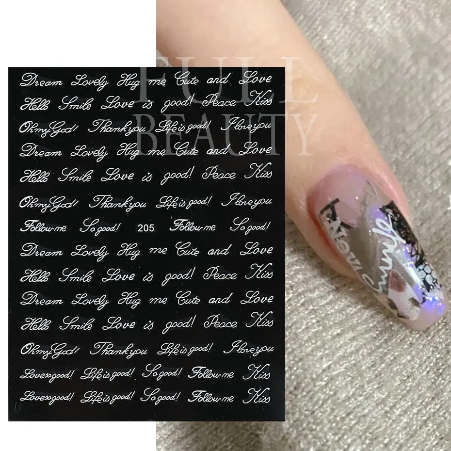 1pcs Text Word Russian English Nails Stickers Black White Gold Laser Love Phrase Letters 3D Manicure Adornment Sliders #200-210