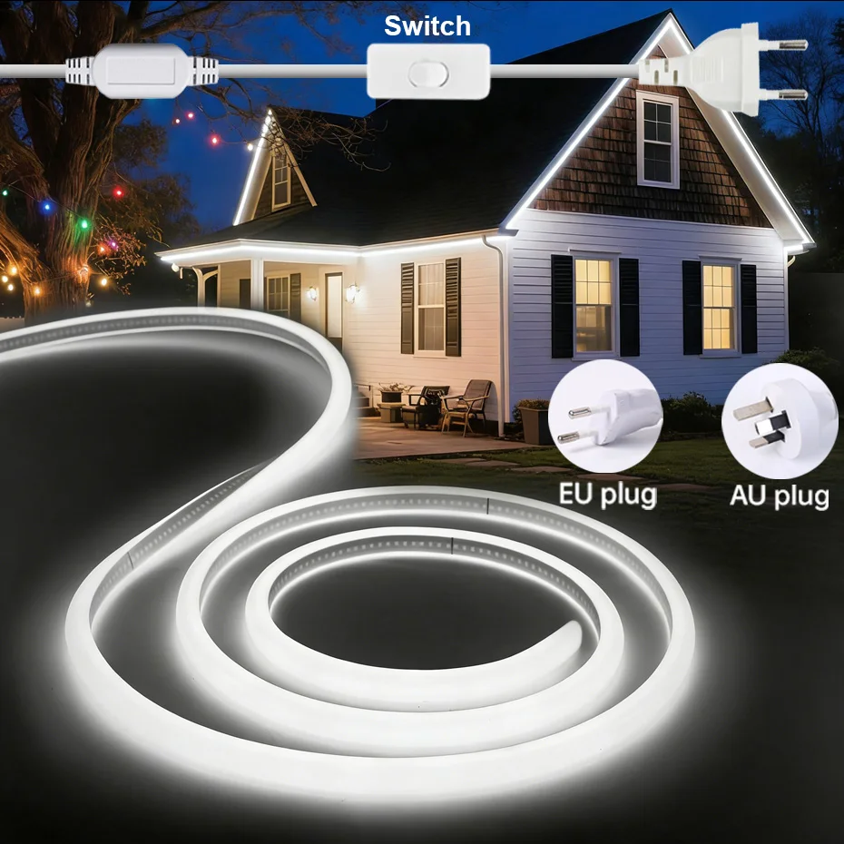 

1-50M 220V COB Светодиодная лента ВКЛ/ВЫКЛ ЕС AU Plug IP65 Режущая светодиодная неоновая лента Мягкая гибкая светодиодная лента Домашнее освещение кухни