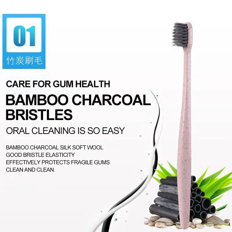 Cross Border 10 PCs Wheat Straw Toothbrush Adult Soft Bamboo Charcoal Binchoutan Unisex Household Family Pack