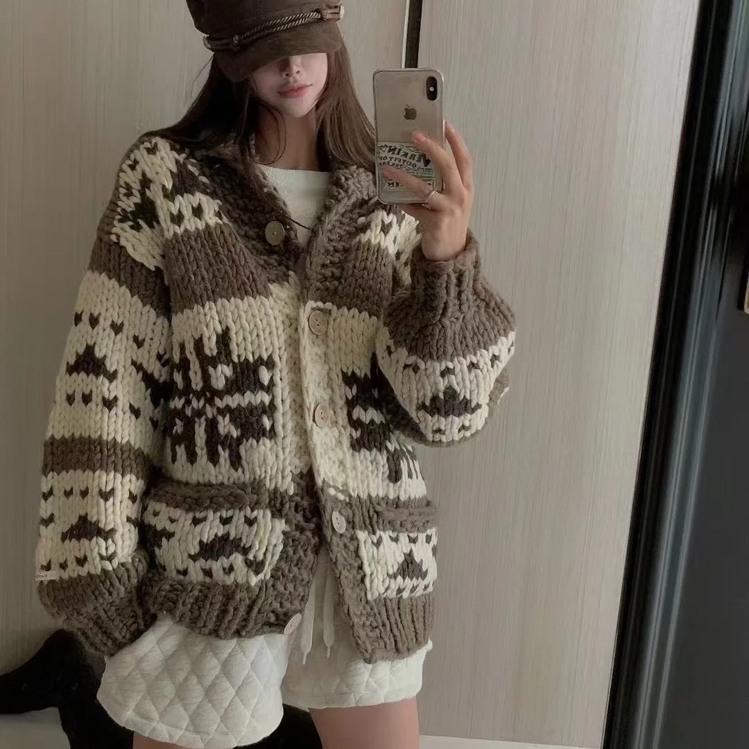 

Women's Loose Fit Knitwear Coat Chic Autumn Winter New Sle Thi Needlework Turn-down Collar Warm plus Size Faion Top