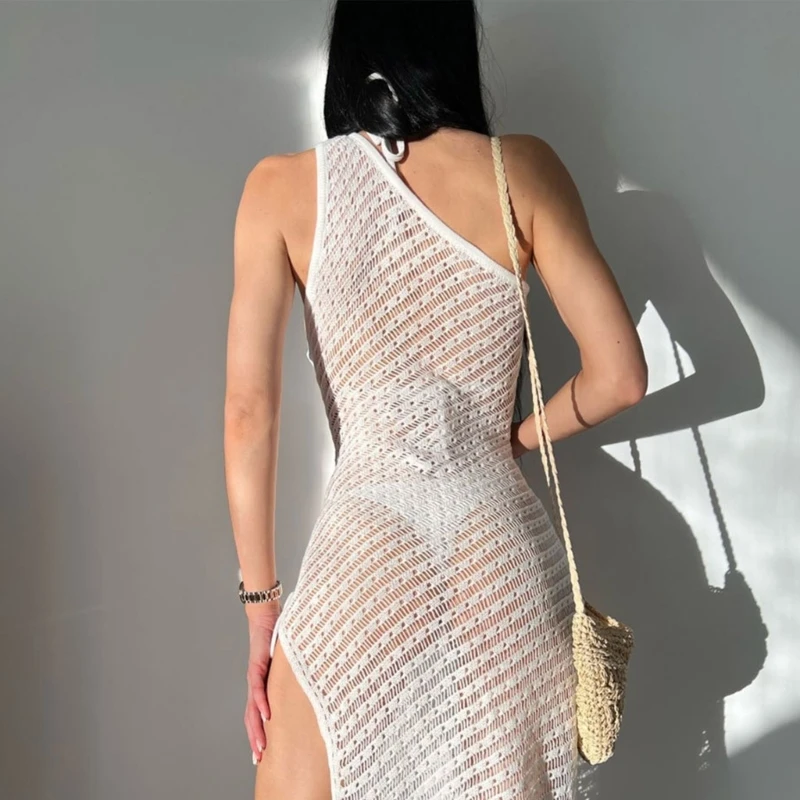 2024 New Womens Knitted Sleeveless Beach-Dress Sexy See Through Bikinis Cover Up Lady Hollow out Swimsuit Cover Up for Vacations