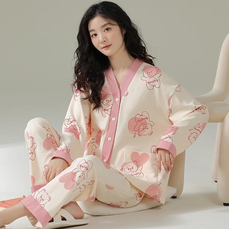 New Ladies Cotton Pajamas Set Long Sleeve Long Pants Cartoon Cardigan Home Clothes Autumn Winter Home Living Cool Breathable