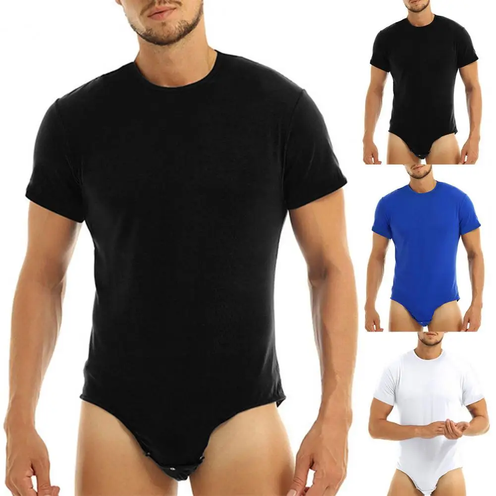 Terrific  Men Nighty Romper Solid Color Solid Color Men Bodysuit Pajamas Press Crotch Slim Men Adults Bodysuit for Bedroom