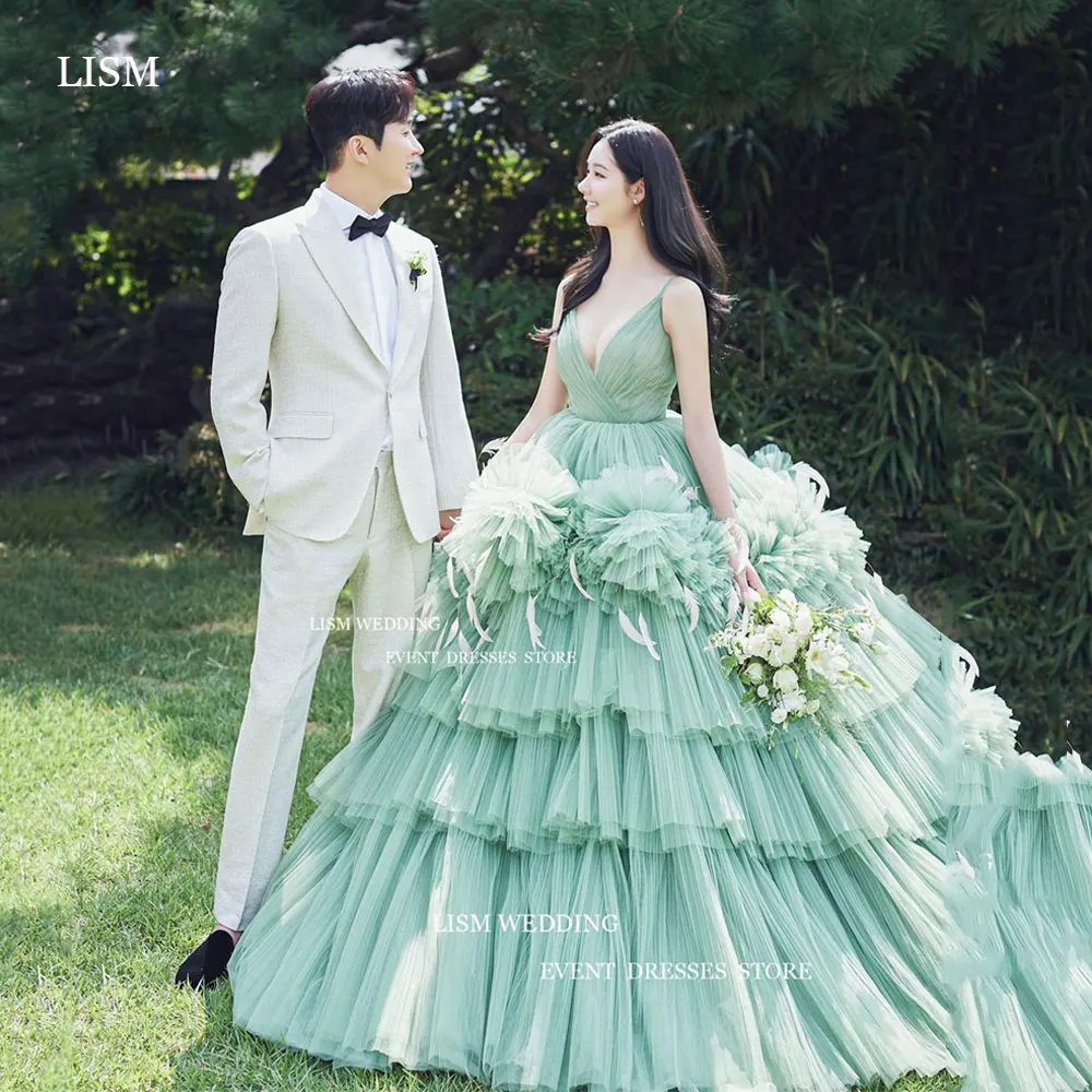 LISM Sweet Green Tiered Skirt Wedding Dress Korea Photo Shoot V Neck Flowers Princess Prom Gown Spaghetti Straps 웨딩드레스