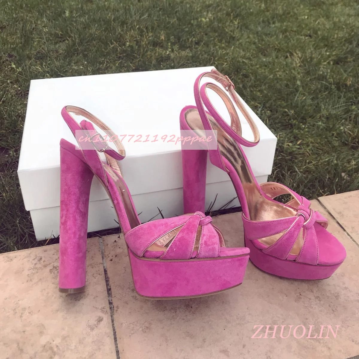 

Women'S Rose Red Suede Open Toe Platform Shoes Round Head Chunky High Heels Buckle Strap High Heels Sexy Party Dress Sandals 46