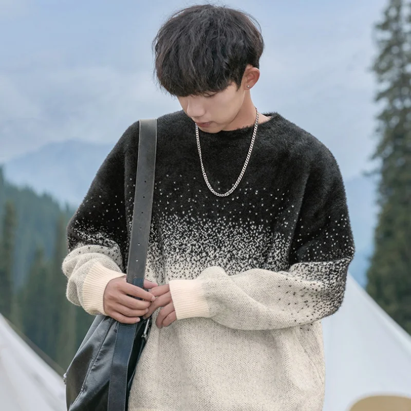 

Faux Mink Plush Gradient Splicing Design Sweater Men's Autumn Winter Loose Lazy Wind Warm Couple Knit Sweater Keep Warm Velvet