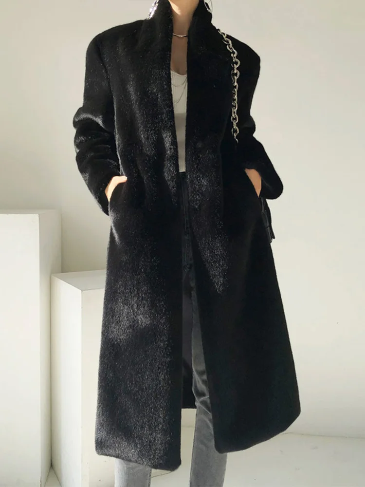 

Женское длинное черное роскошное роскошное теплое пальто из искусственного меха 202, элегантное повседневное пушистое волосатое мягкое пальто из искусственного меха норки
