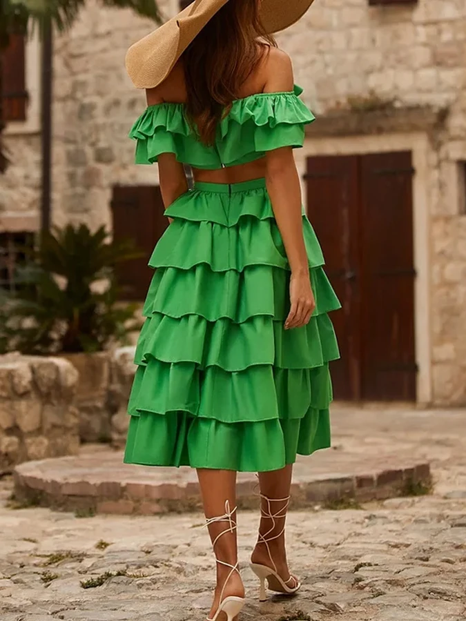 2023 Vintage Off Shoulder Ruffle Solid Color Green Bikini Holiday Beach Skirt Designer Bathing Suit Women