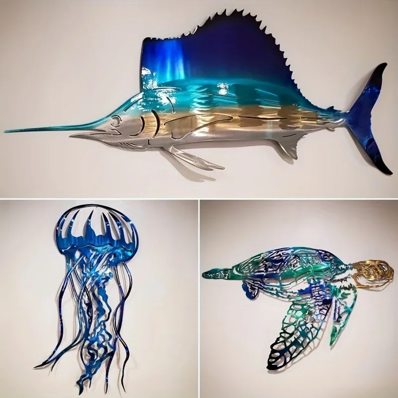 Swordfish Jellyfish Turtle Metal Crafts, Wall Art, Decoração para casa Ornamentos, Popular Sala e Quarto Decoração Ferro