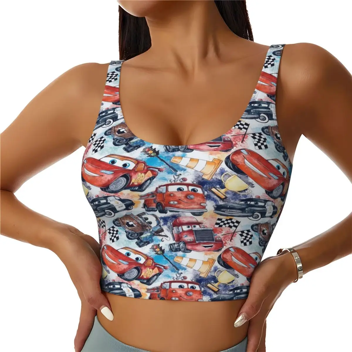 

Custom Women's Lightning McQueen Anime Sports Bras High Impact Gym Workout Running Crop Tank Tops