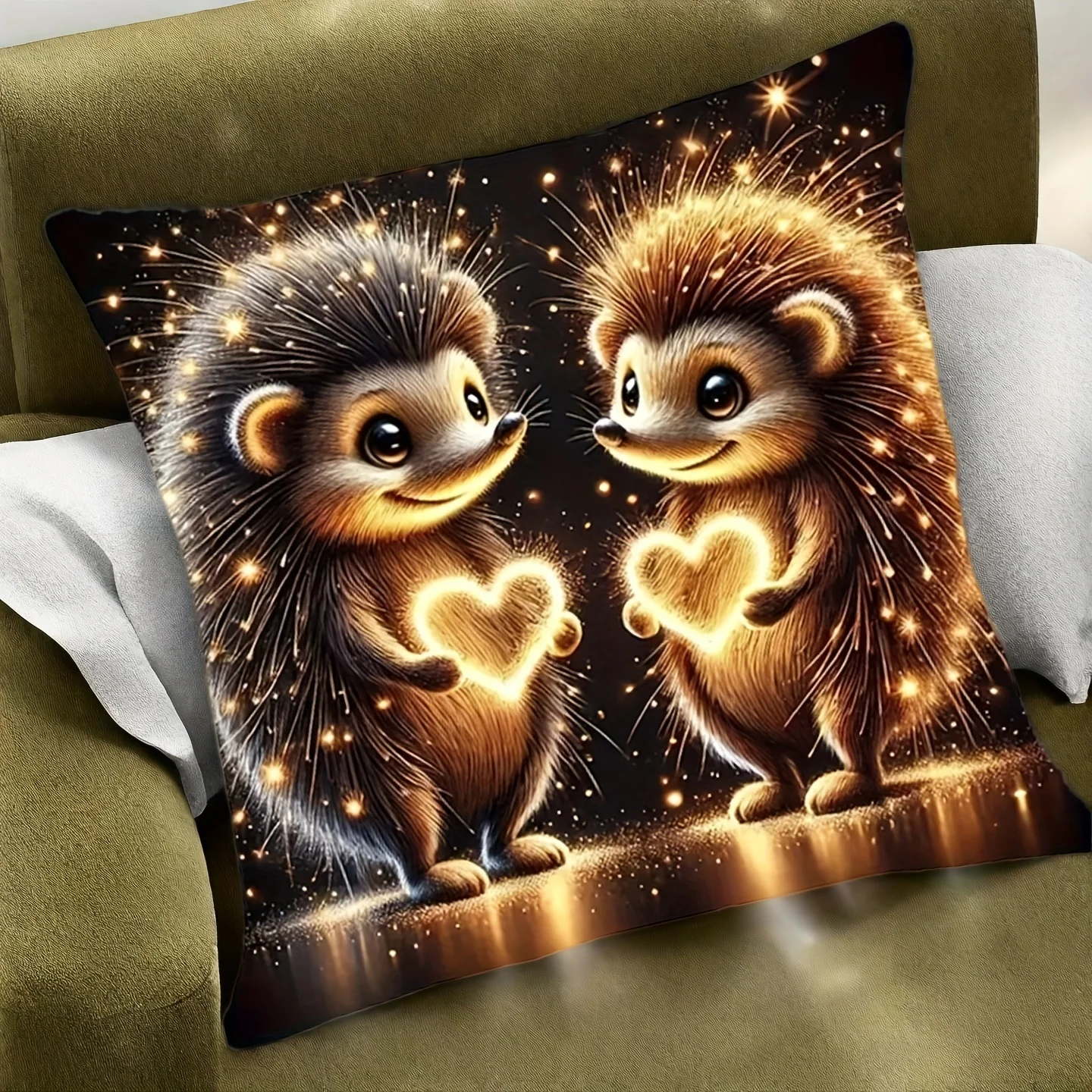 1pc 2D Flat Pillow Not Included Glowing Hedgehog Heart Sparkle Fantasy Cushion Cover Short Plush Cute Animal Lover Gift Case