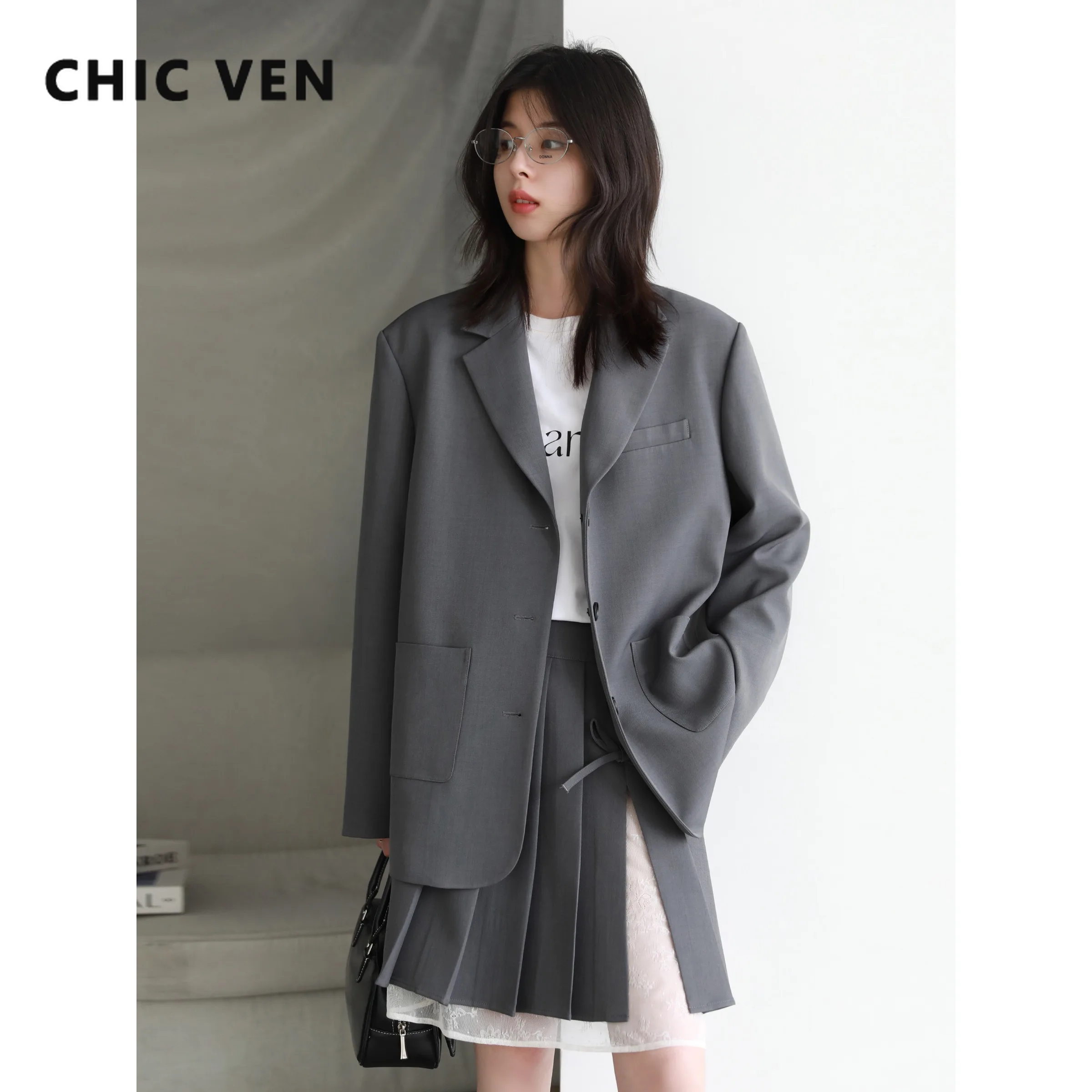 

CHIC VEN Fashion Women Blazers Loose Casual Design Back Bow Suit Jacket Gray Wide Shoulder Office Ladies Coat Spring Autumn 2025