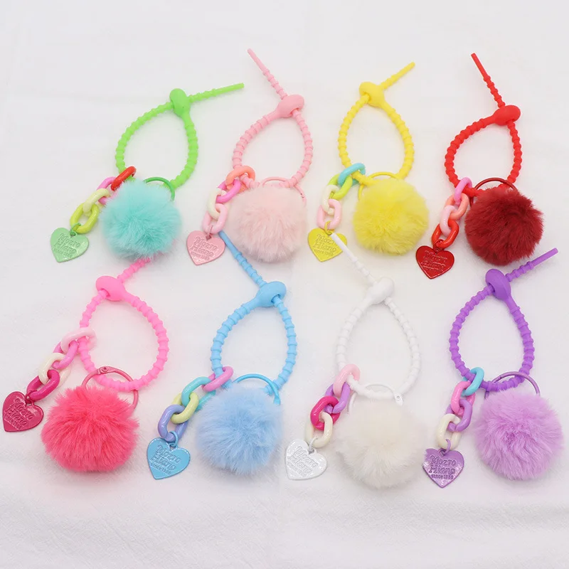 

30pcs/lot Wholesale Fur Ball Silicone Band Heart Shape Toy Bag Pendant Plush Accessories Stuffed Gift Keychain Key Chain Pta309