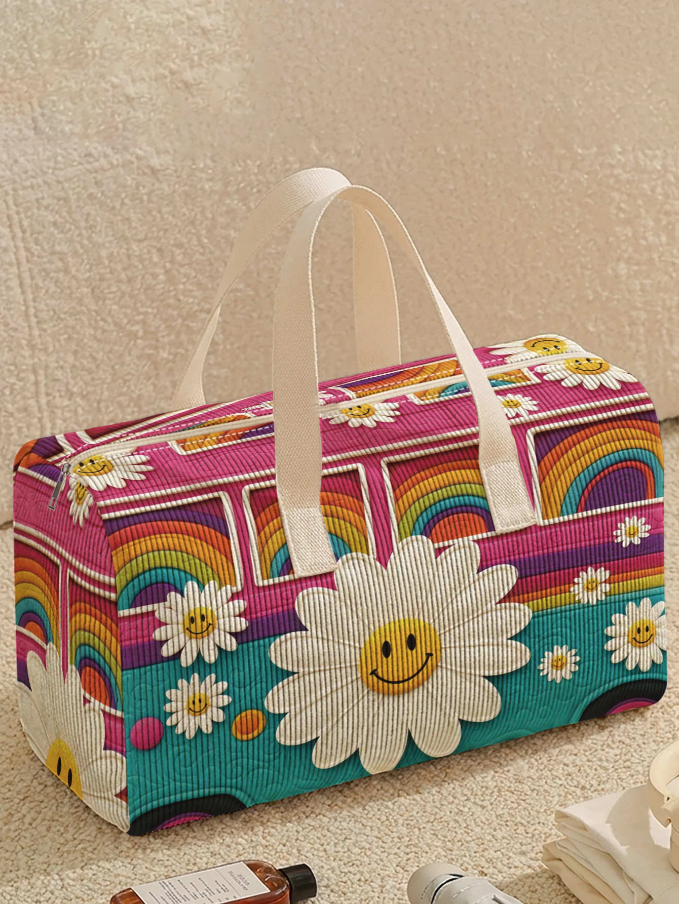 

1pc, Two styles, Colorful Rainbow Daisy Bus Printed Duffle Bag Portable Handbag suitable for Weekend Trip Sports Shopping