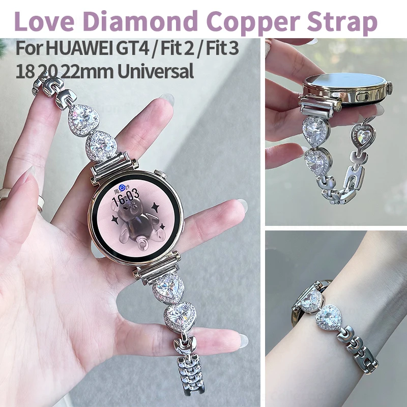 Love Diamond Copper Strap for Huawei Watch GT 4 41mm 46mm Women Jewely Bracelet for Huawei Watch Fit 2 3 Smart Watch Accessories