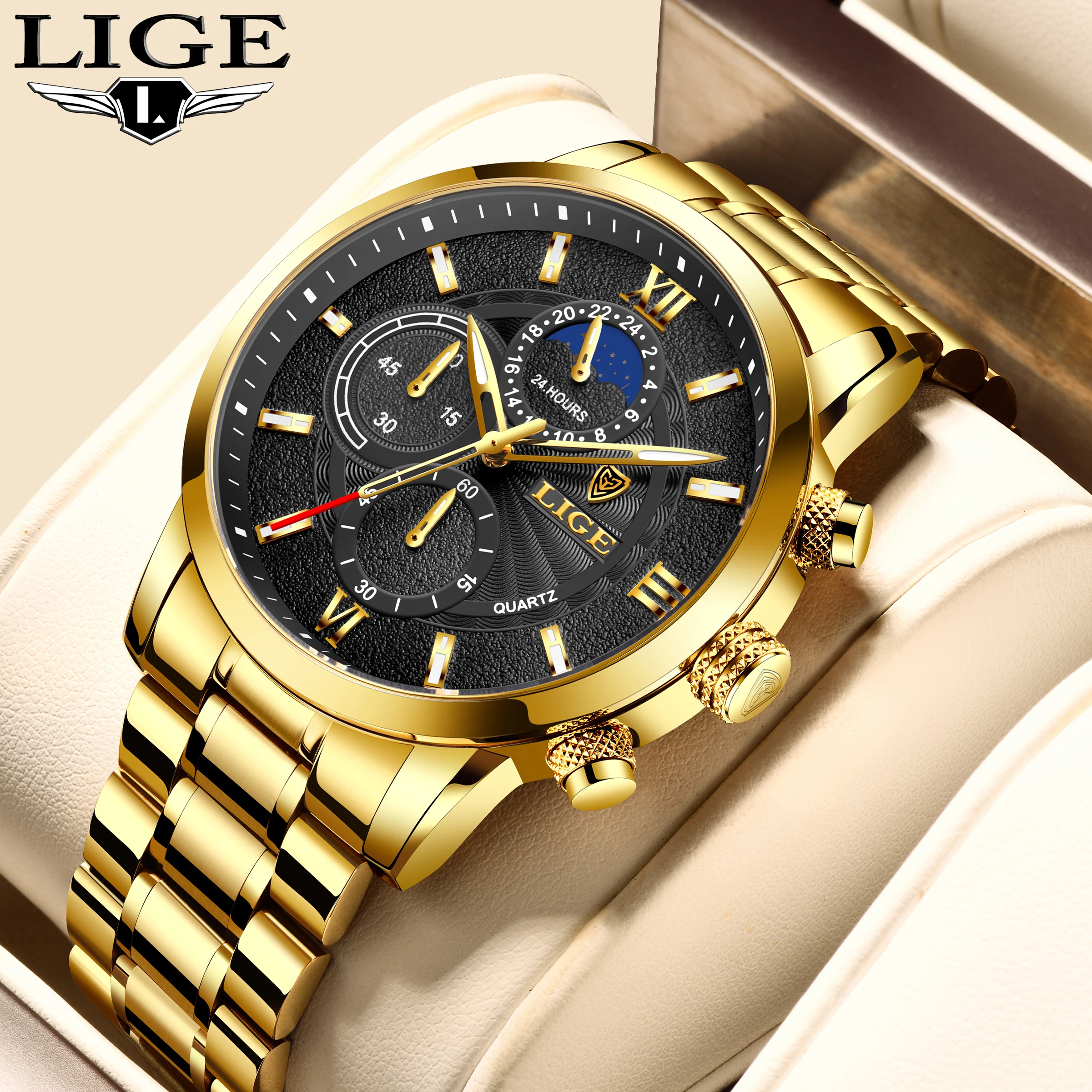 

LIGE Watches Mens Top Brand Luxury Quarzt Clock Casual 24 Hour Moon Phase Men Watch Sports Waterproof Watches Relogio Masculino