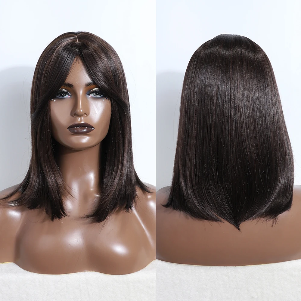 

Dark Brown Black Synthetic Wigs with Bangs Medium Straight Bob Natural Hairs for Women Daily Cosplay Heat Resistant