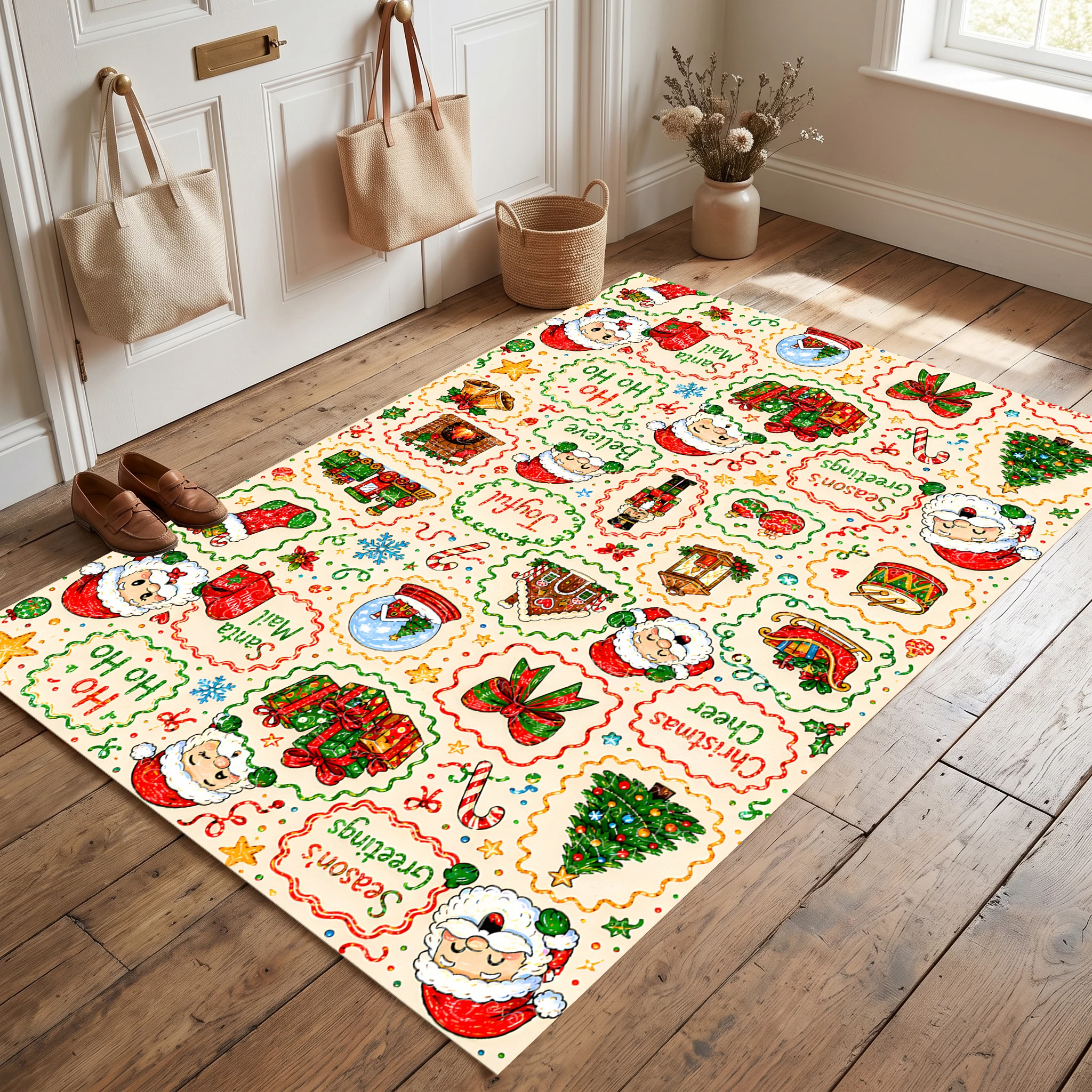 Velvet Rug Hand Painted Santa Gingerbread House Joyful Slogan American Playful for Living Room Bedroom Entryway