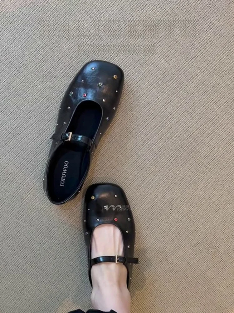 Retro Style Rivet Mary Jane Shoes Women's Buckle Slip-On Leather Version Fashionable Versatile Low Cut Single Shoes