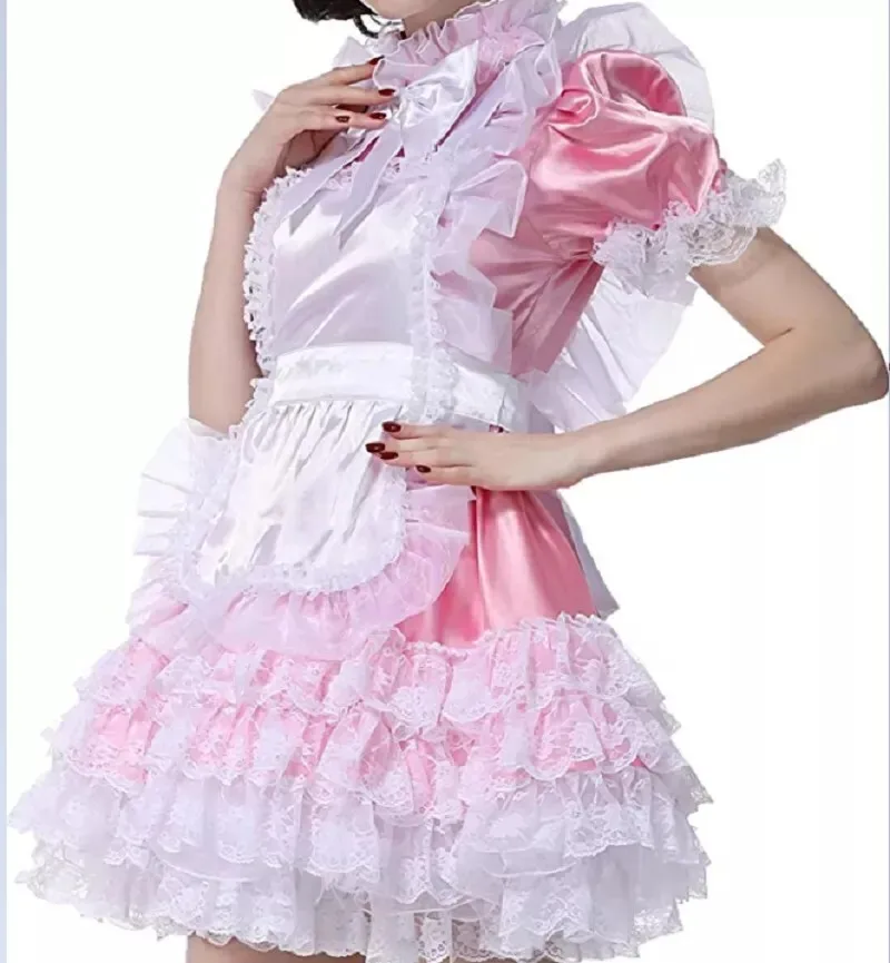 Sexy sissy French maid pink satin short sleeved lockable multi-layer lace ruffled dress maid cosplay costume customizable