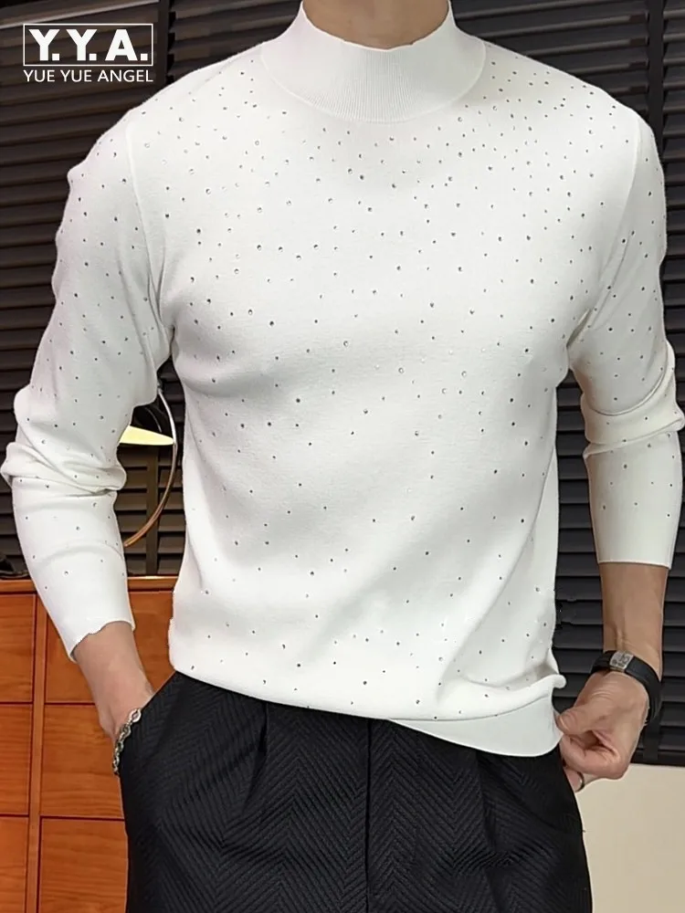 

Men Autumn Spring Mock Neck Long Sleeve T-shirt Diamond Knit Slim Fit Solid Color Tops Coat Fashion Casual T-shirts Pullover