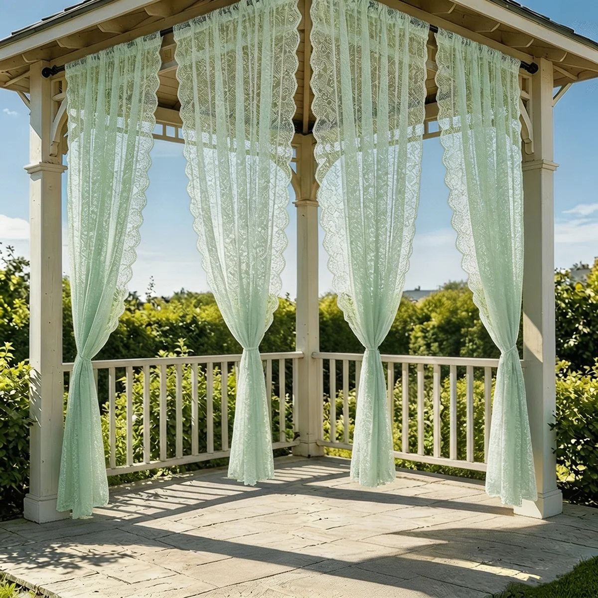 4Pcs Serene and Fresh Lace Curtains, with Wave-Like Borders, for Garden Pavilions/Balconies to Protect from the Sun