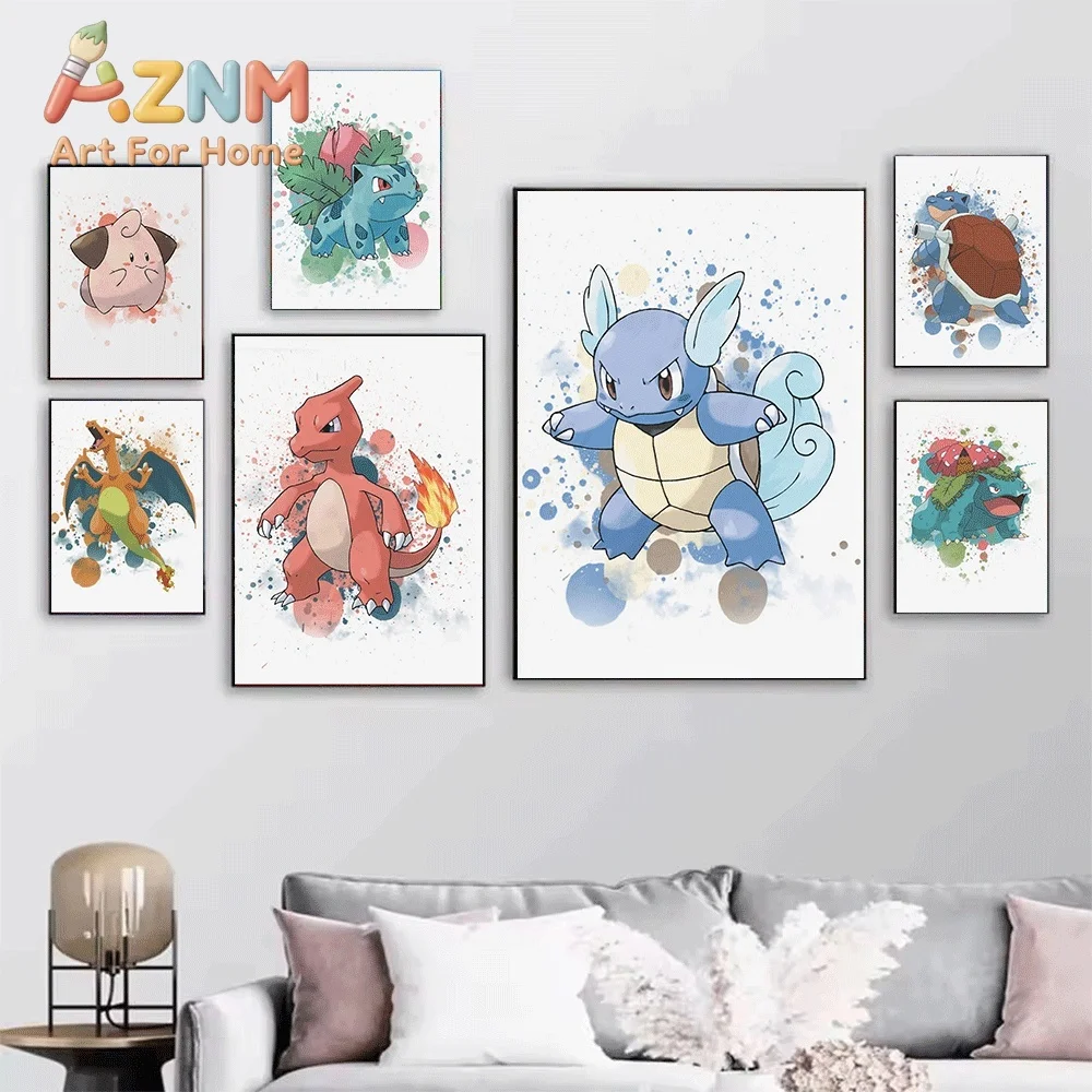 Splatter Watercolor Pokemon Charmander Canvas Painting Unframed Anime Monster Wall Art Poster for Kids Bedroom Home Wall Decor