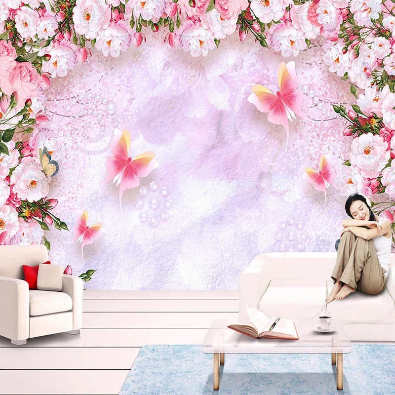 Modern Romantic Pink Flowers Murals Wallpaper 3D Stereo Butterfly Pastoral Wall Cloth Wedding House Living Room Papel De Parede