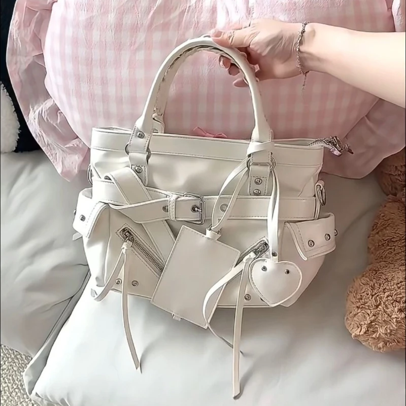 Korean Y2k Cool PU Leather Strap Large Capacity Storage Bag Tote Bags Shoulder Bag Crossbody Bags Woman Bag Handbag