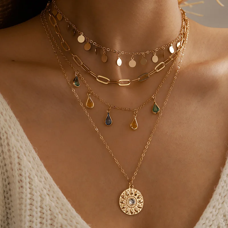 

Elegant Multi-Layer Necklace for Women, Colorful Water Drop Pendant, Retro Clavicle Chain