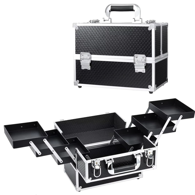 Professional 6-Tray Makeup Train Case, Aluminum Nail Storage Organizer Box, Large Capacity Beauty Case for Makeup Artist & Salon