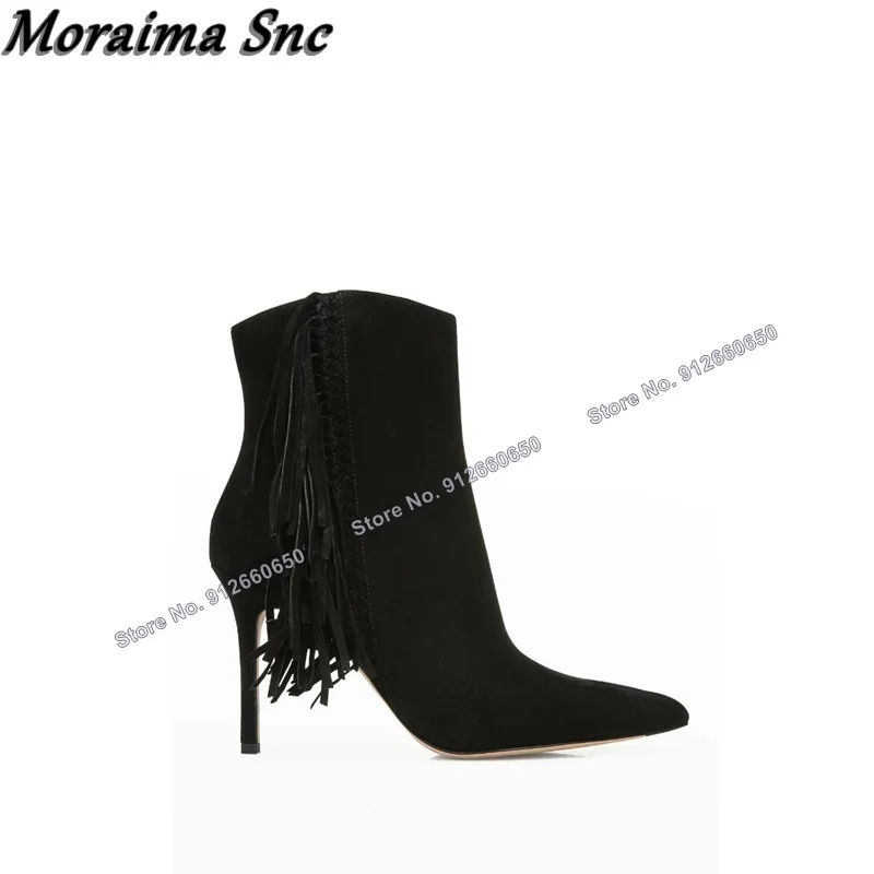 Moraima Snc Black Fringe Decor Suede Boots for Women Slip on Solid Boots Pointed Toe Stilettos High Heels Runway Shoes on Heels