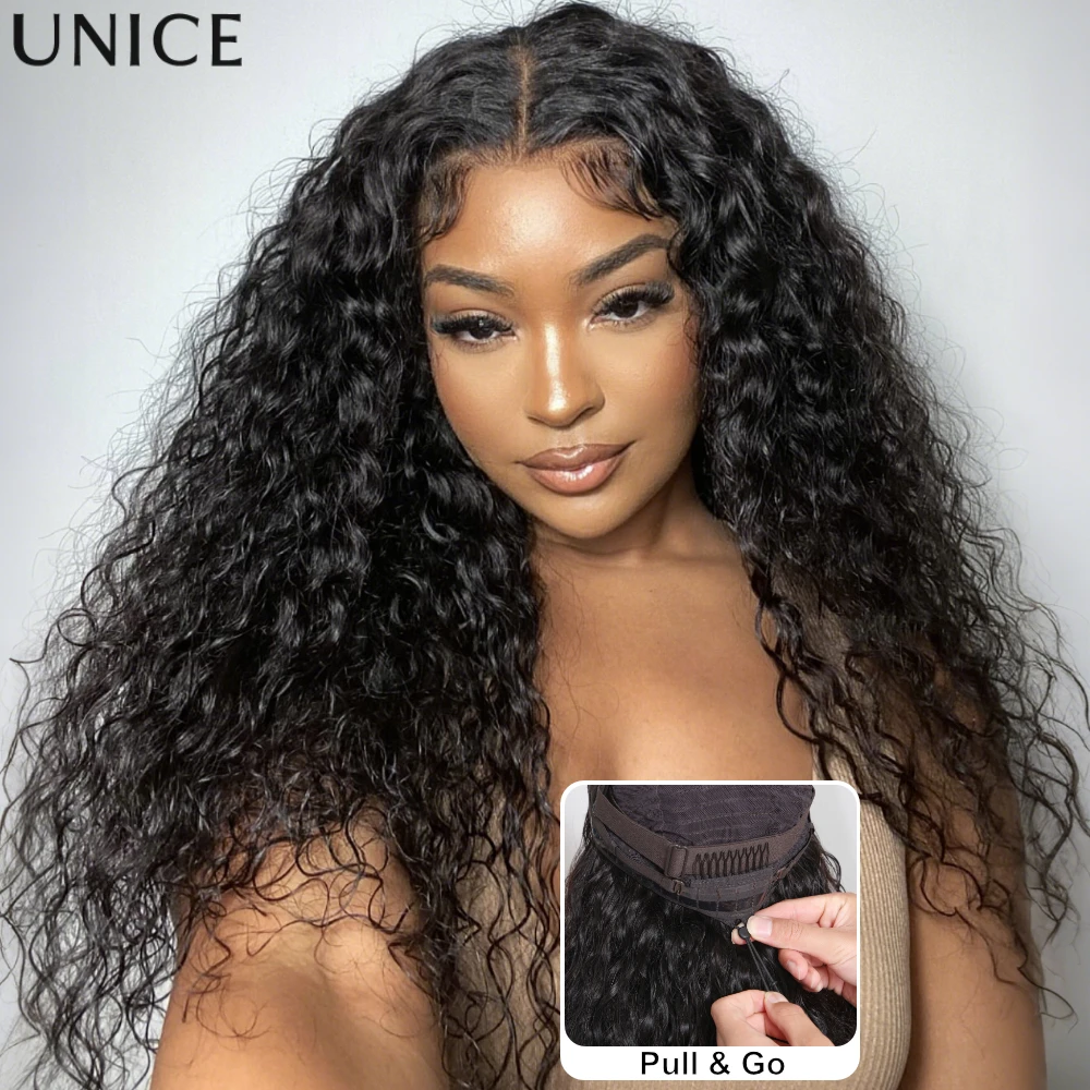 

UNice Water Wave Human Hair Wig With Drawstring 7x5 Lace Pre Cut Pre Bleached Glueless Wig Ready To Wear