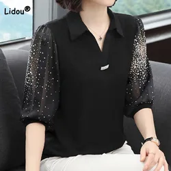 Moda Elegante Impressão Emendado Camisa de Manga 3/4 Feminino Verão Roupas Femininas Casual Coreano Polo-Pescoço Solto Chiffon Blusa