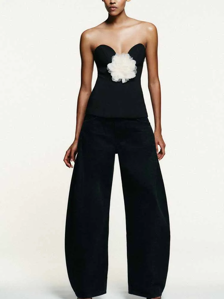 

European and American style winter new arrivals fashionable women's clothing design versatile color-blocked floral strapless top