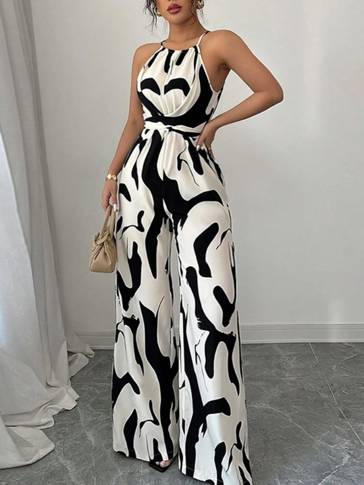 

Women Summer New Jumpsuit Zebra Stripe Print Halter One Piece Suit Wide Leg Pants Fashion Casual Sleeveless Lady Jumpsuit