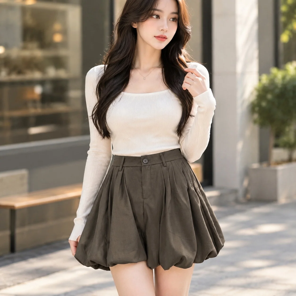 7 8 Length High Waist Flared Shorts with Mid Rise No Stretch Regular Thickness Wrinkle Resistant Women Shorts Socialite Style