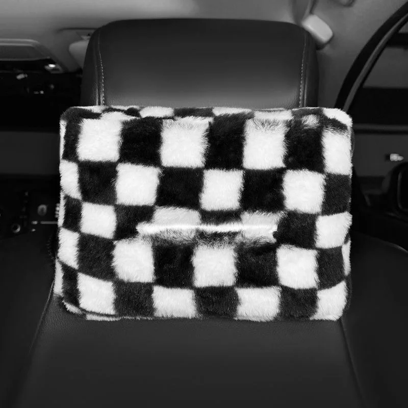 Cute Chessboard Grid Plush  Car Headrest Tissue Box Case Paper Tower Holder Auto Visor Hanging Organizer Styling Car Accessories