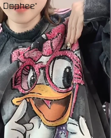 

Trendy Brand Sweatshirt 2026 New Heavy Industry Cartoon Fashion Medium and Long Loose Crew Neck Sweatshirts Women