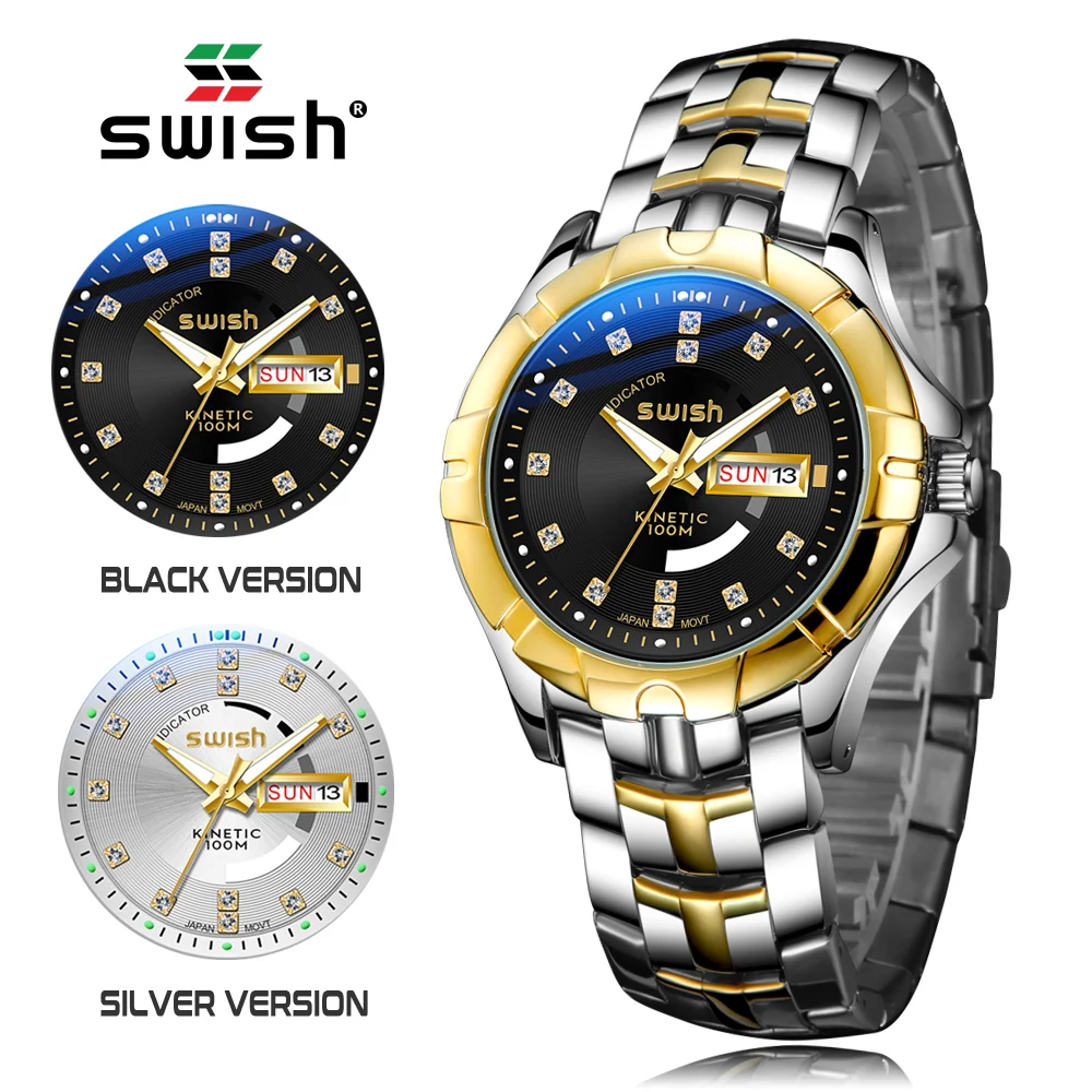 SWISH Fashion Luxury Gold Quartz Wrist Watch Weekday Dress Clock Relogio Masculino Green Lume Men Watches Business Waterproof