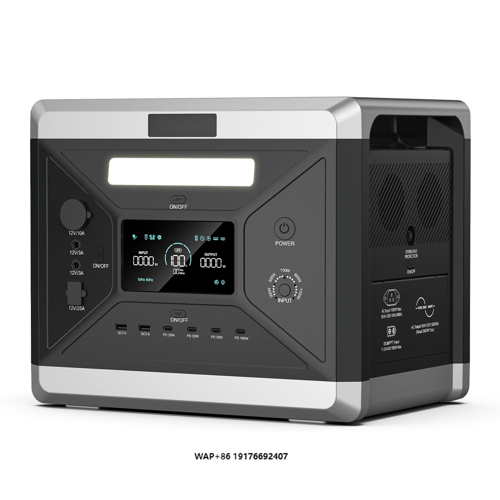 Solar 2400W Pure Sine Wave Inverter 2160Wh LiFePO4 Portable Generator Solar Panel Car Charging Outdoor Flashlight External