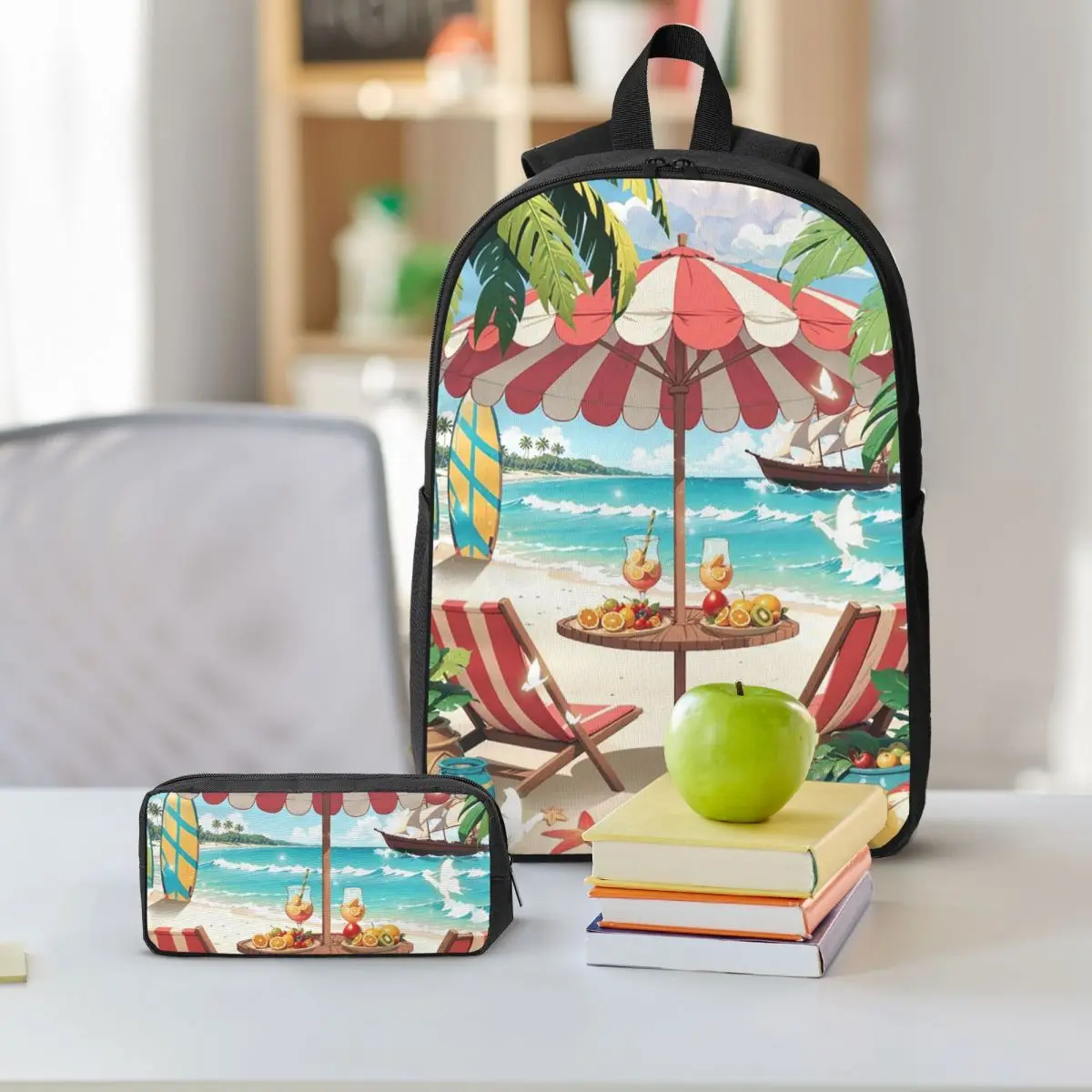 Beach Chair And Parasol Vacation Theme Backpack Student BookBag School Bag Shoulder Bags 3ps Insulated Lunch Bag Pencil Case