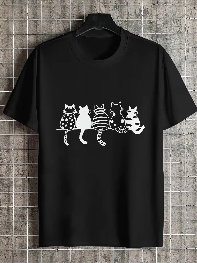 

Women's Cartoon Cat Print T-shirt - Short-sleeved Crew Neck, Breathable Summer Casual Top, Fun Cat Pattern, Machine Washable