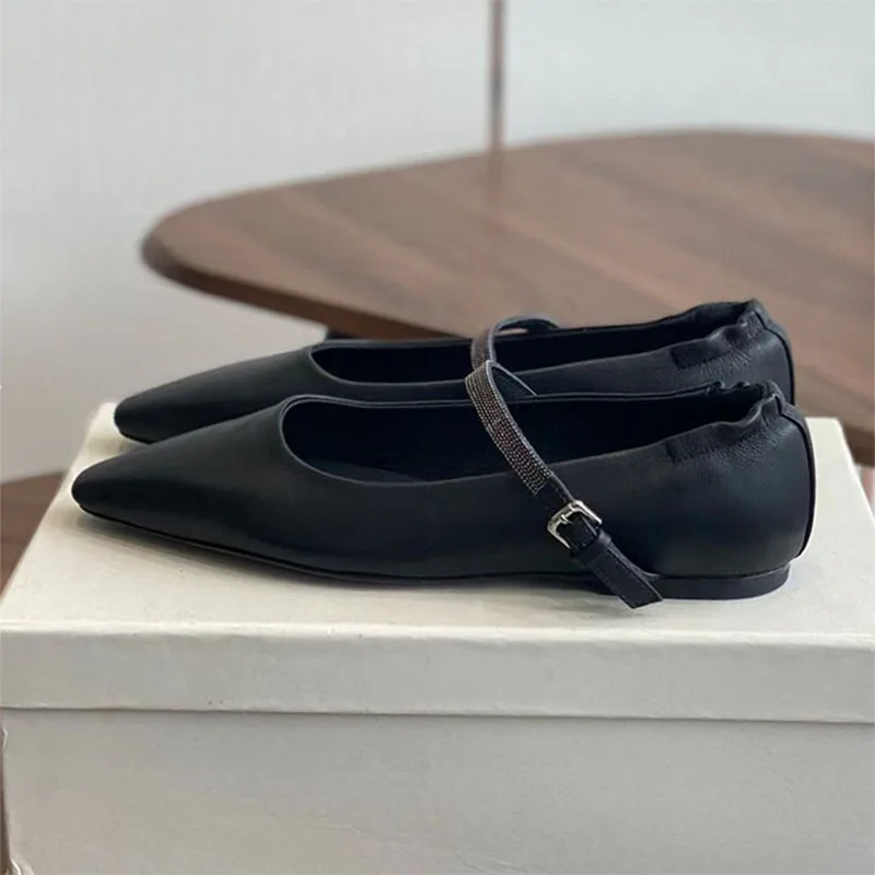 

Spring Autumn Flat Shoes Women Pointed Toe String Bead Buckle Strap Office Lady Shoes Suede Leather Comfort Modern Shoes Woman