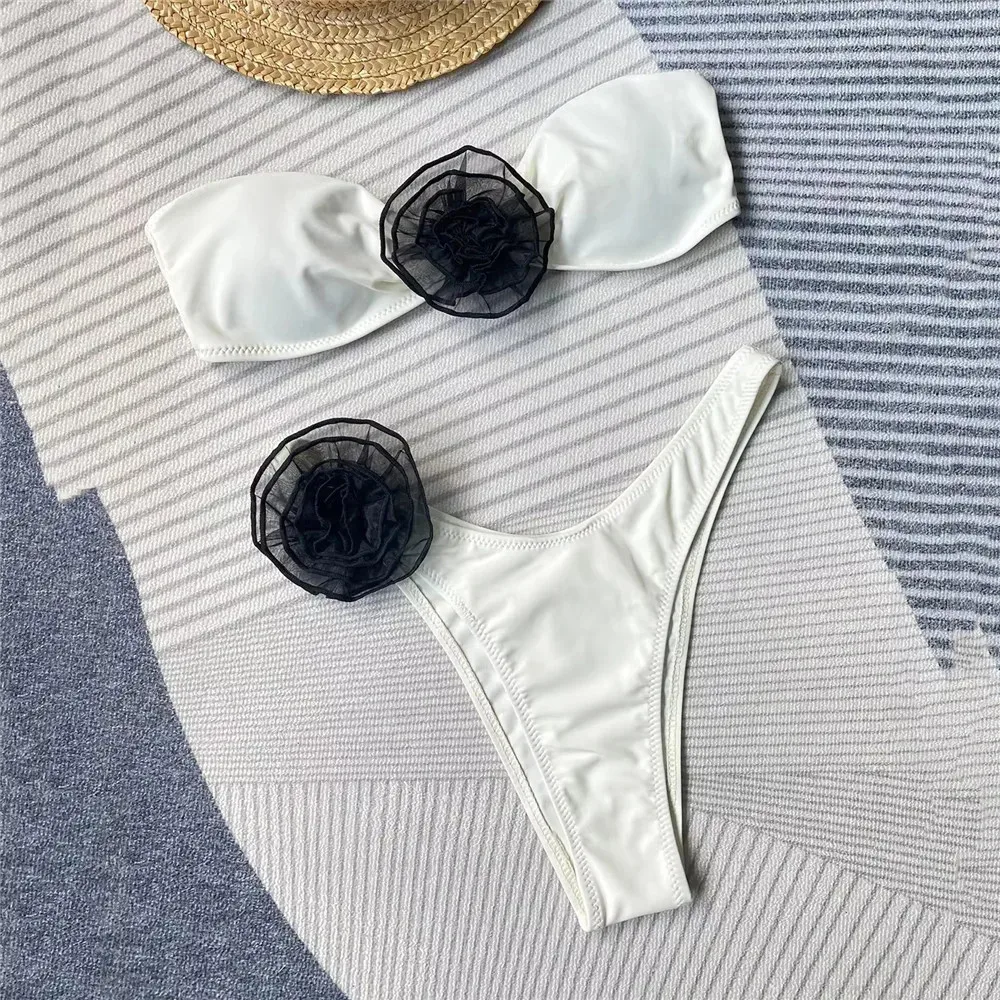 3D Flower Bandeau Bikinis Sets Swimwear Thong Sexy Swimsuit Women High Cut Bathing Swimming Wear Suit Bikinis 2026 De Muejr