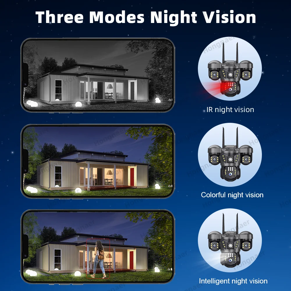 Hongnaer 12MP 6K V380 Pro Three Lens Wireless WiFi Home Security Wireless 4G Sim Card CCTV IP Camera